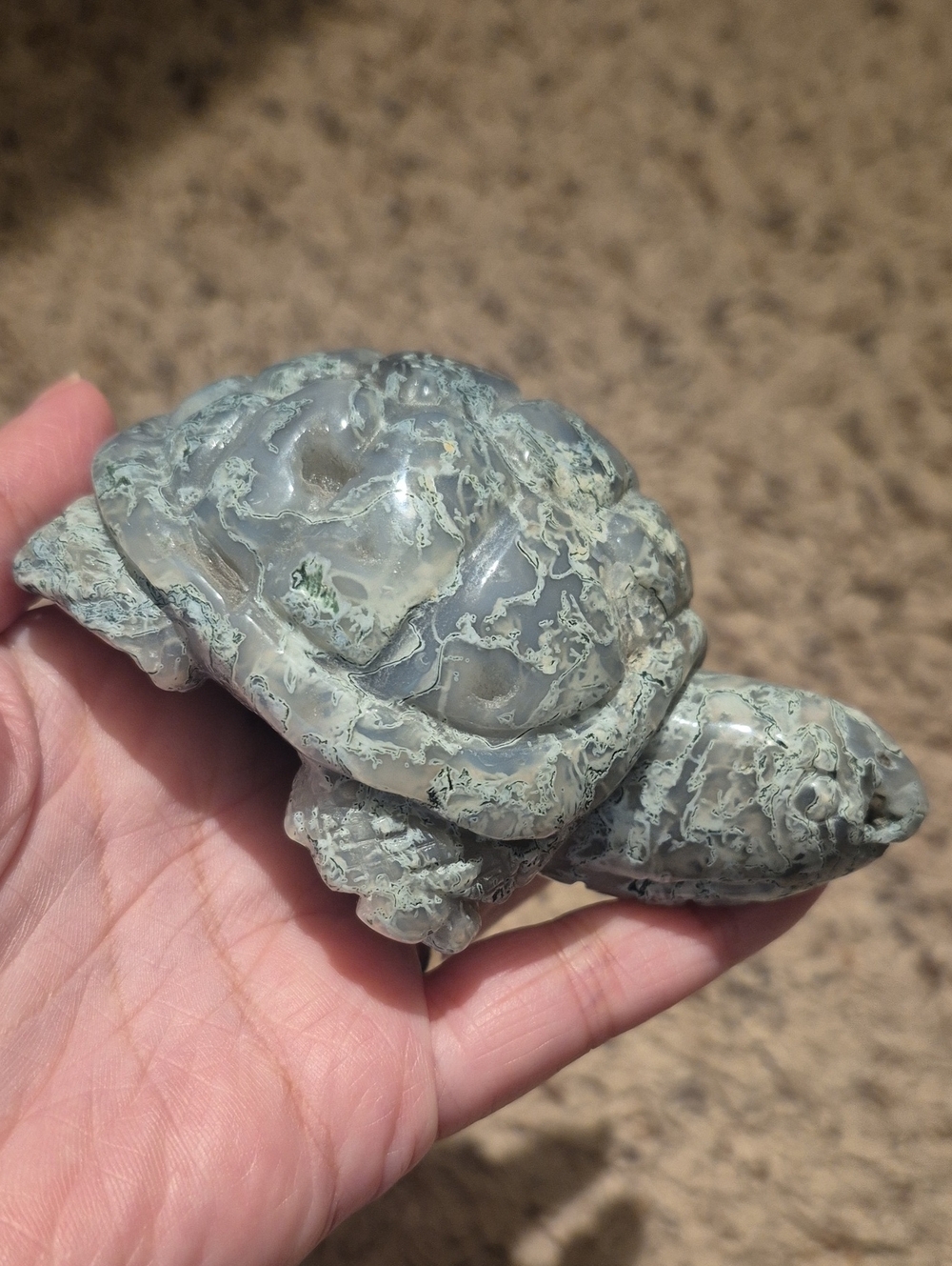 Moss Agate Handcarved Turtle With Druzy Pockets
